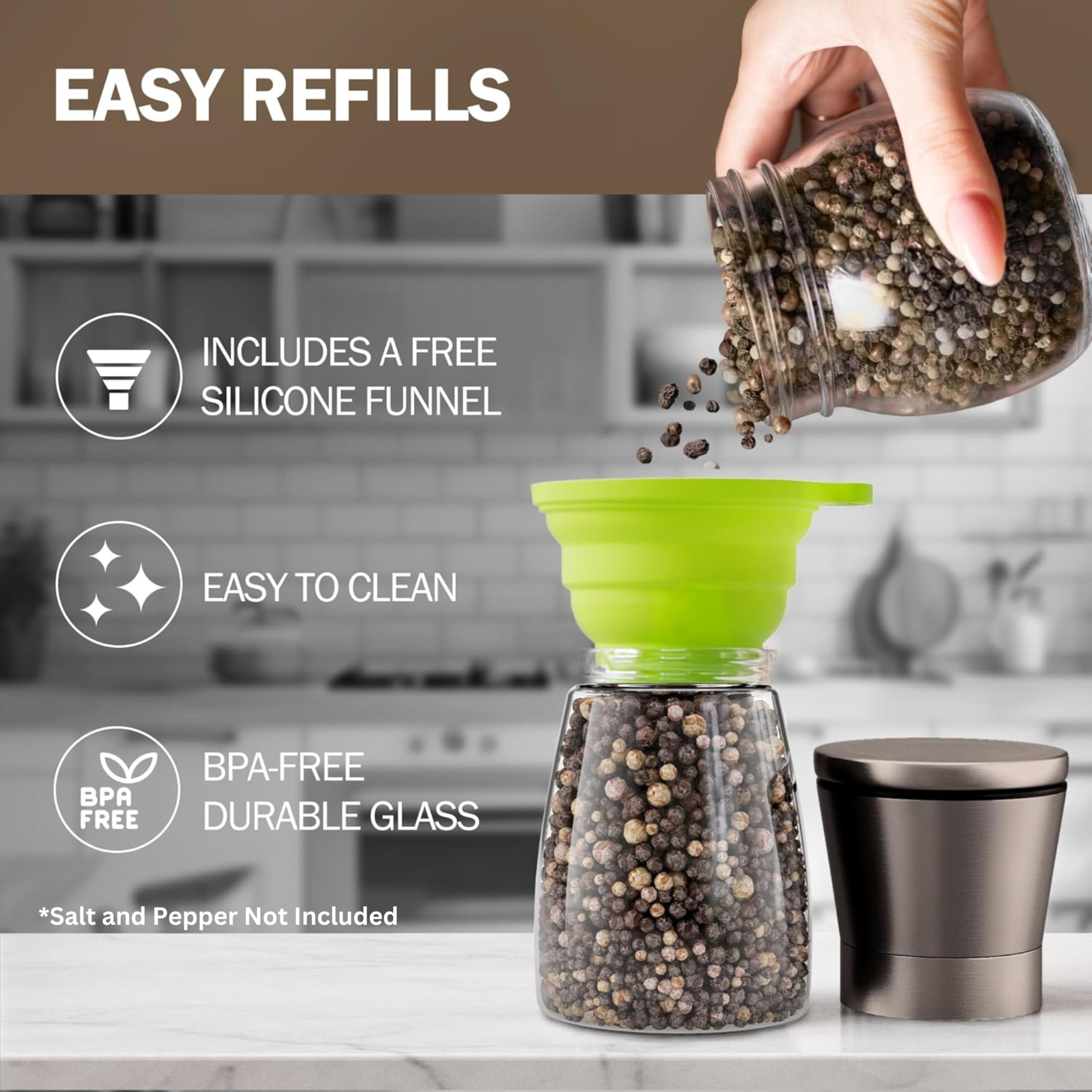 Home EC grinder funnel included to simplify refilling without mess.