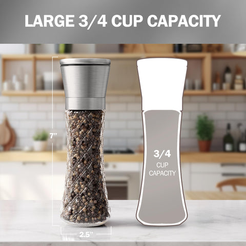 HOME EC grinders side view with brushed stainless steel lids for fresh spices.