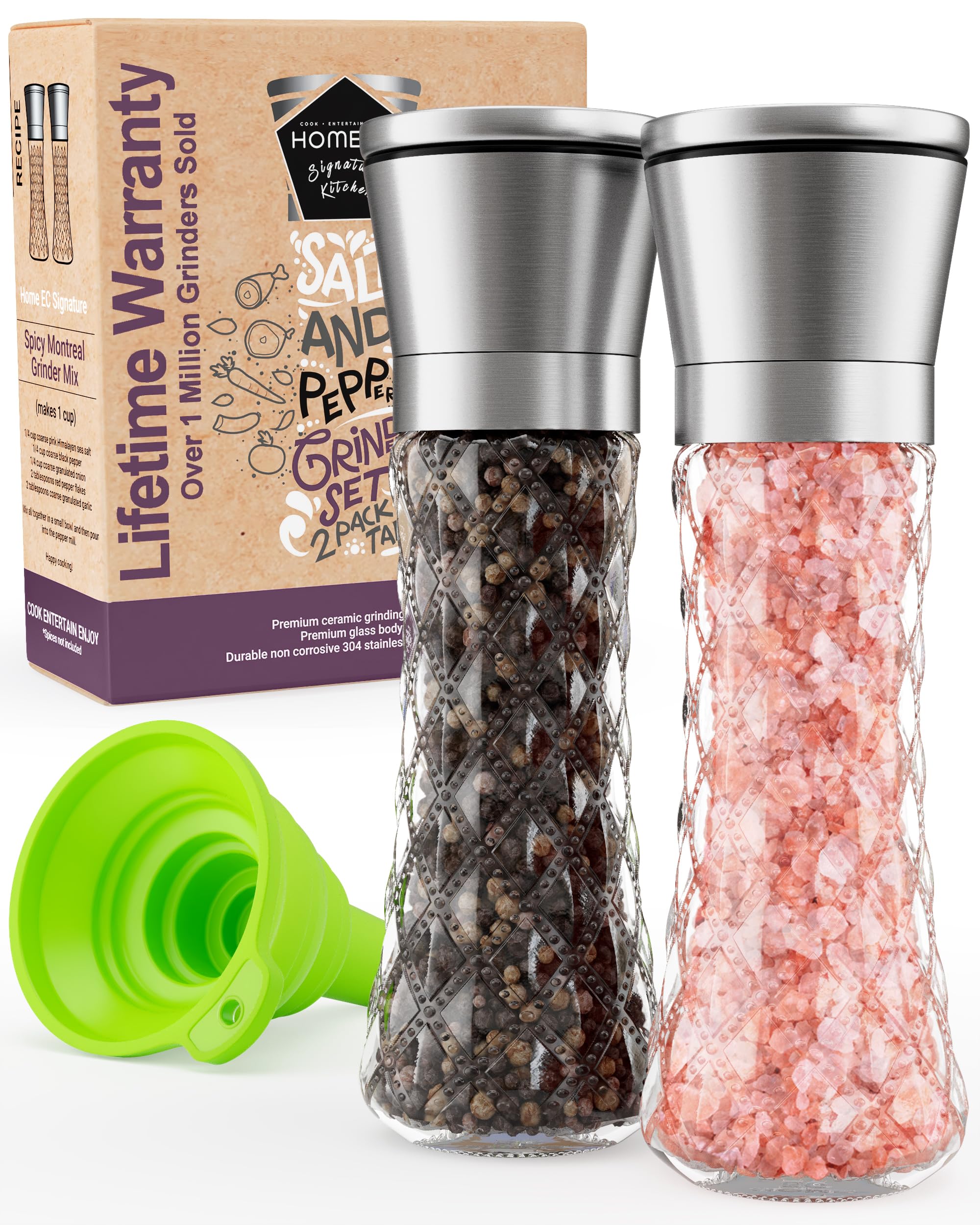 HOME EC original salt and pepper grinders in diamond glass, top view, delivering fresh flavor.