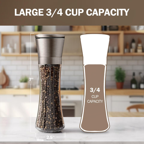 Home EC tall glass salt and pepper shakers showcasing spices with a modern design.