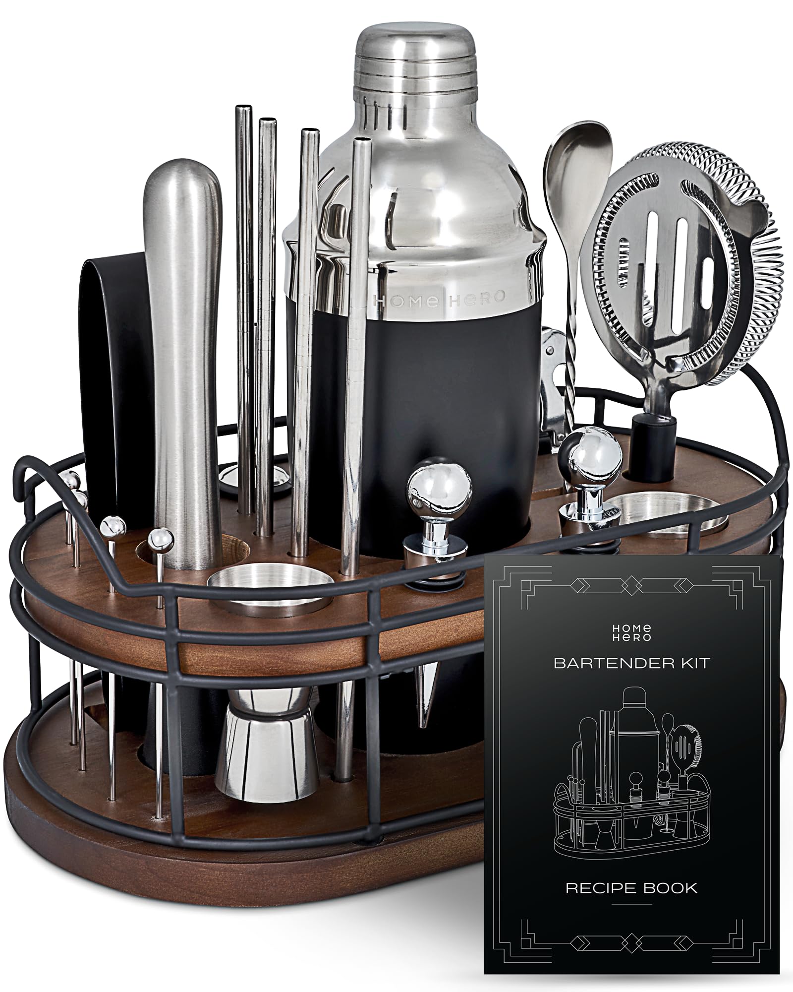 Home Hero Bartender Kit with wooden stand displaying organized tools for stylish home entertaining.