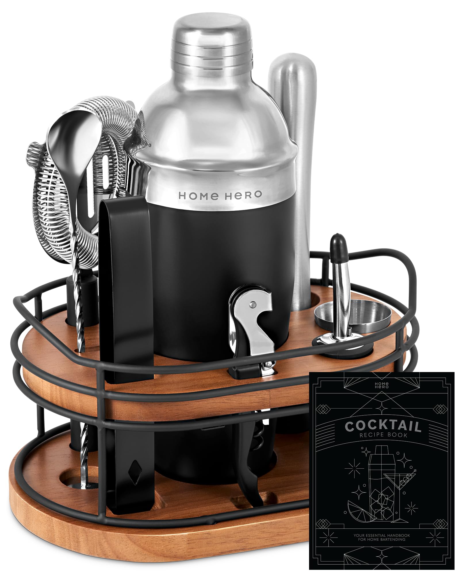 Home Hero elegant bartender kit with wooden stand for stylish home entertaining.