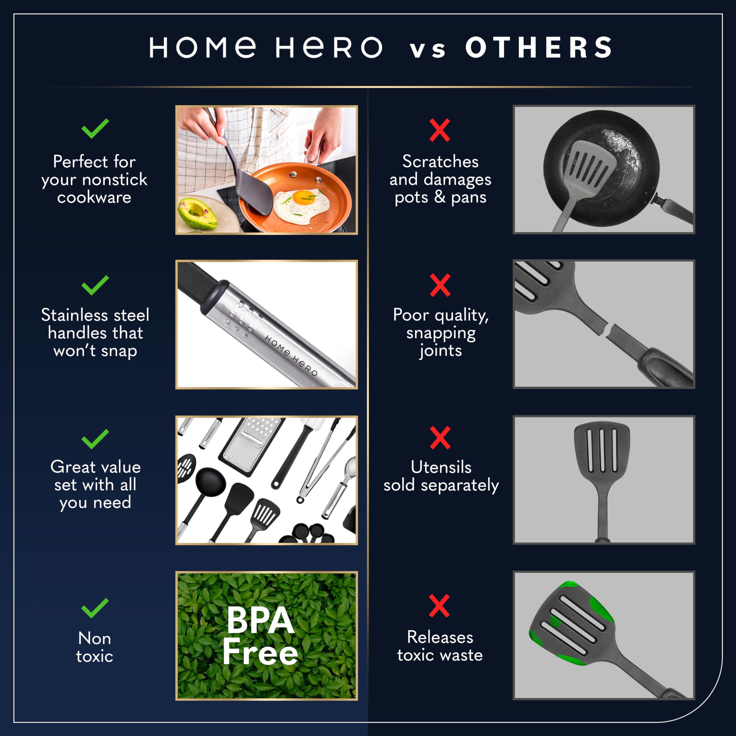 Home Hero spatulas with ergonomic steel handles offer a comfortable grip while flipping and stirring.