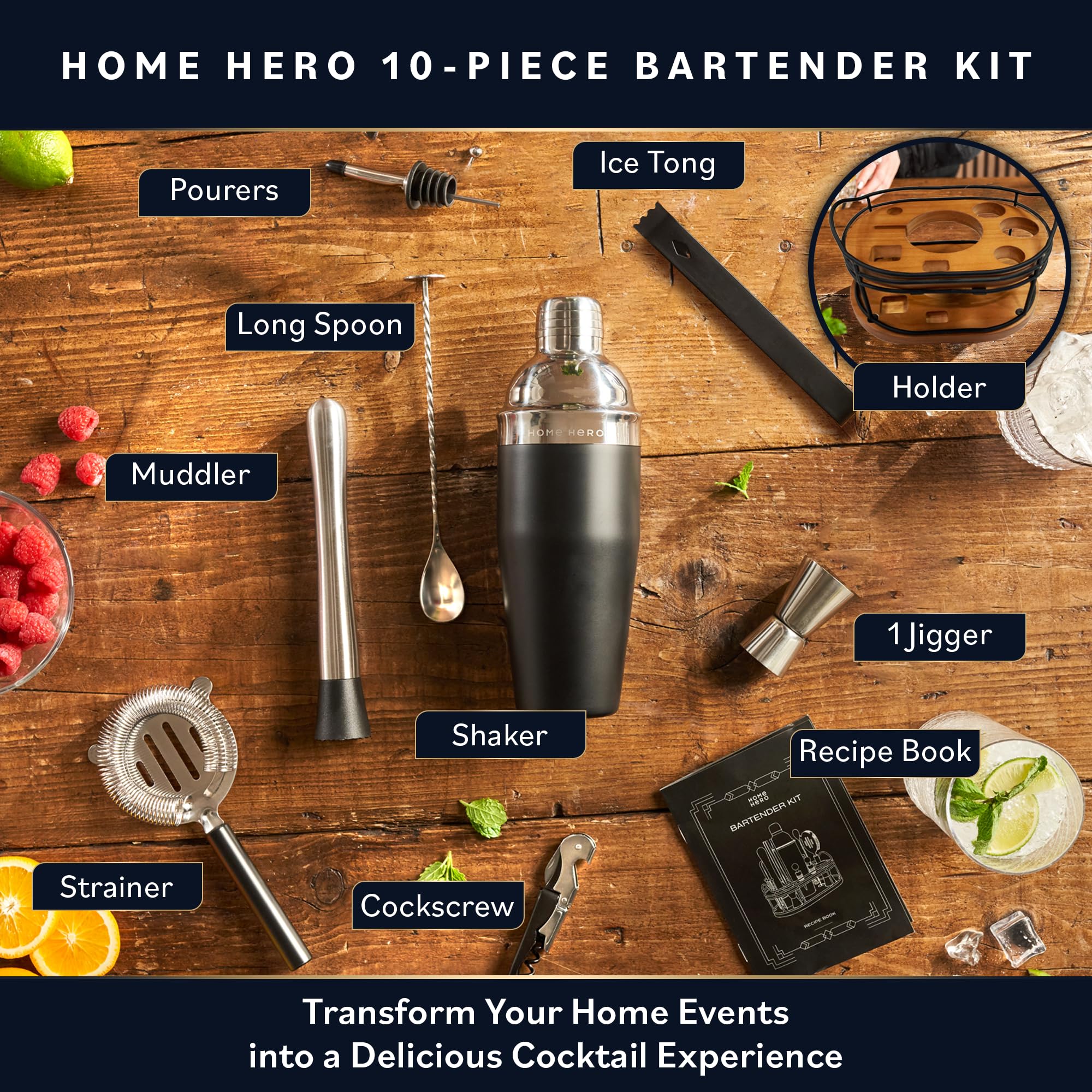 Home Hero premium bar set featuring a silver cocktail shaker for sleek drinks.