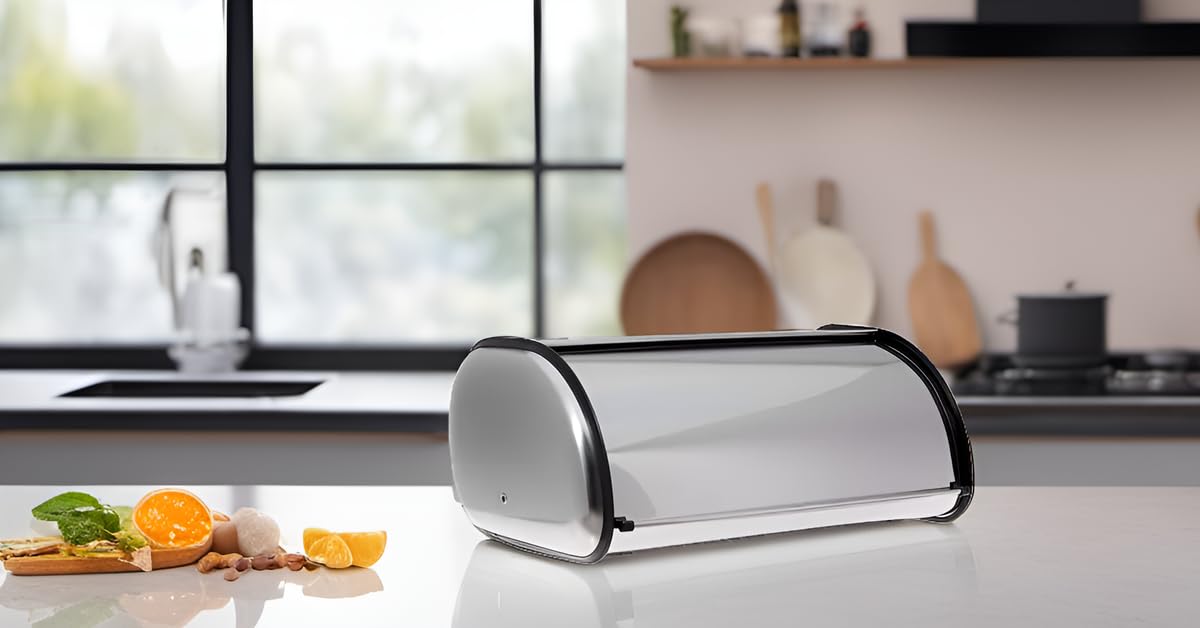 HOME IT brushed steel bread bin on counter keeps items organized