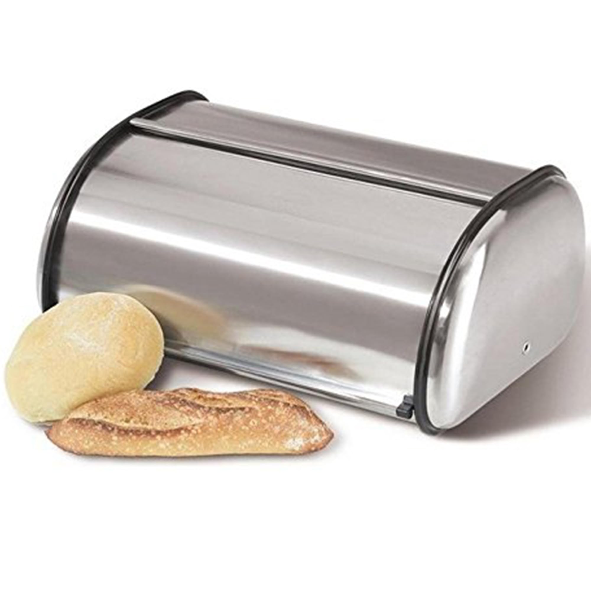 HOME IT bread box side view shows brushed steel finish for sleek kitchen style