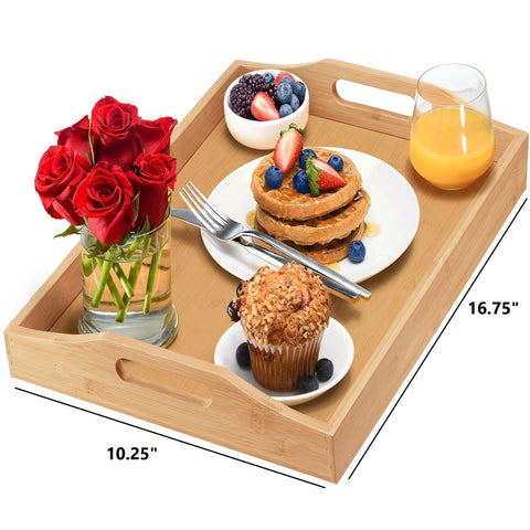HOME IT bamboo ottoman tray serves beverages on a sofa.