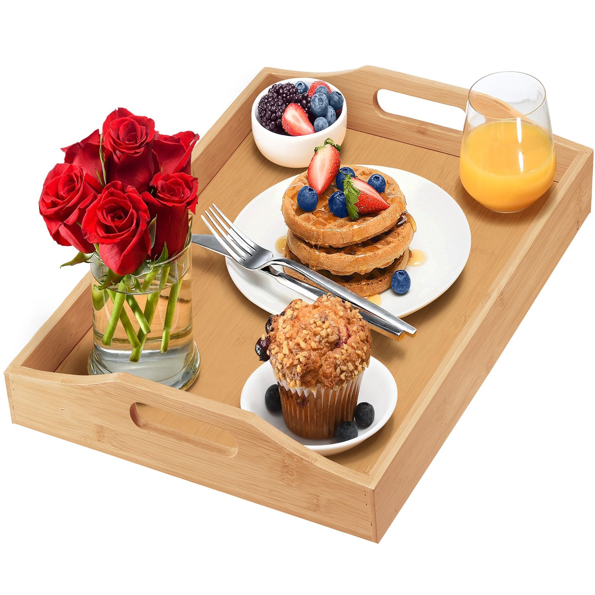 HOME IT tray with large handles on a coffee table for easy serving.