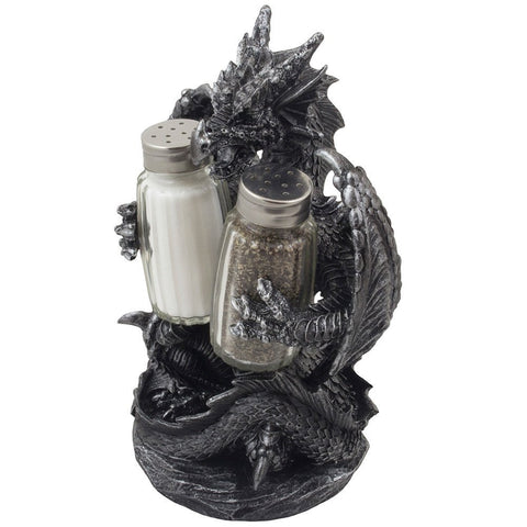 Home 'n Gifts dragon holder showcases glass shakers with dramatic wings.