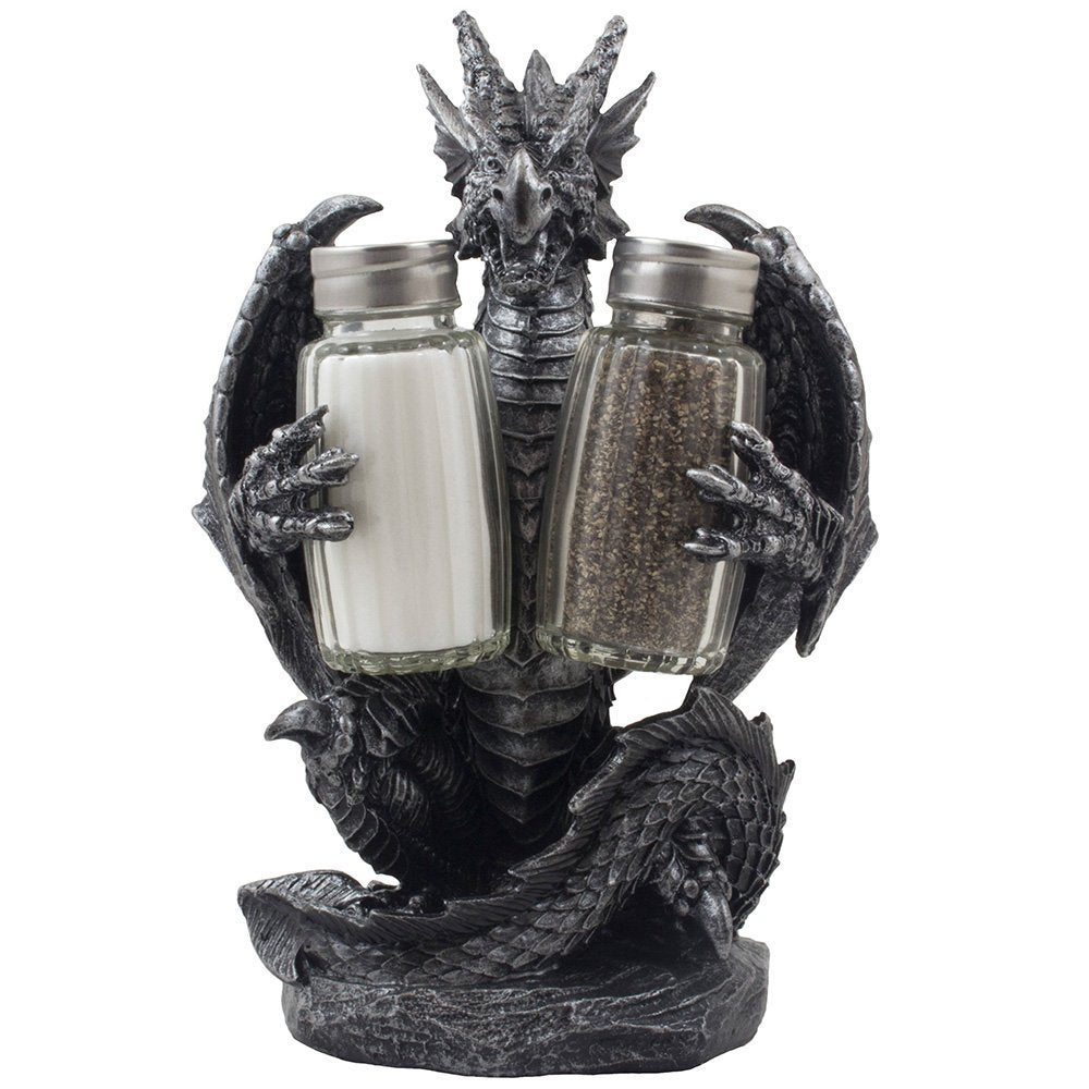 Home 'n Gifts mythical dragon holds glass salt and pepper shakers, ideal gothic table decor.