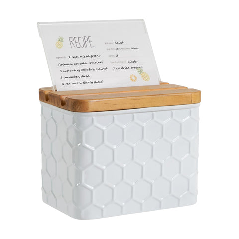 HOME PALETTE honeycomb-embossed recipe box keeps recipes organized on the counter