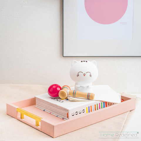 Home Redefined pink tray on kitchen counter for organizing essentials