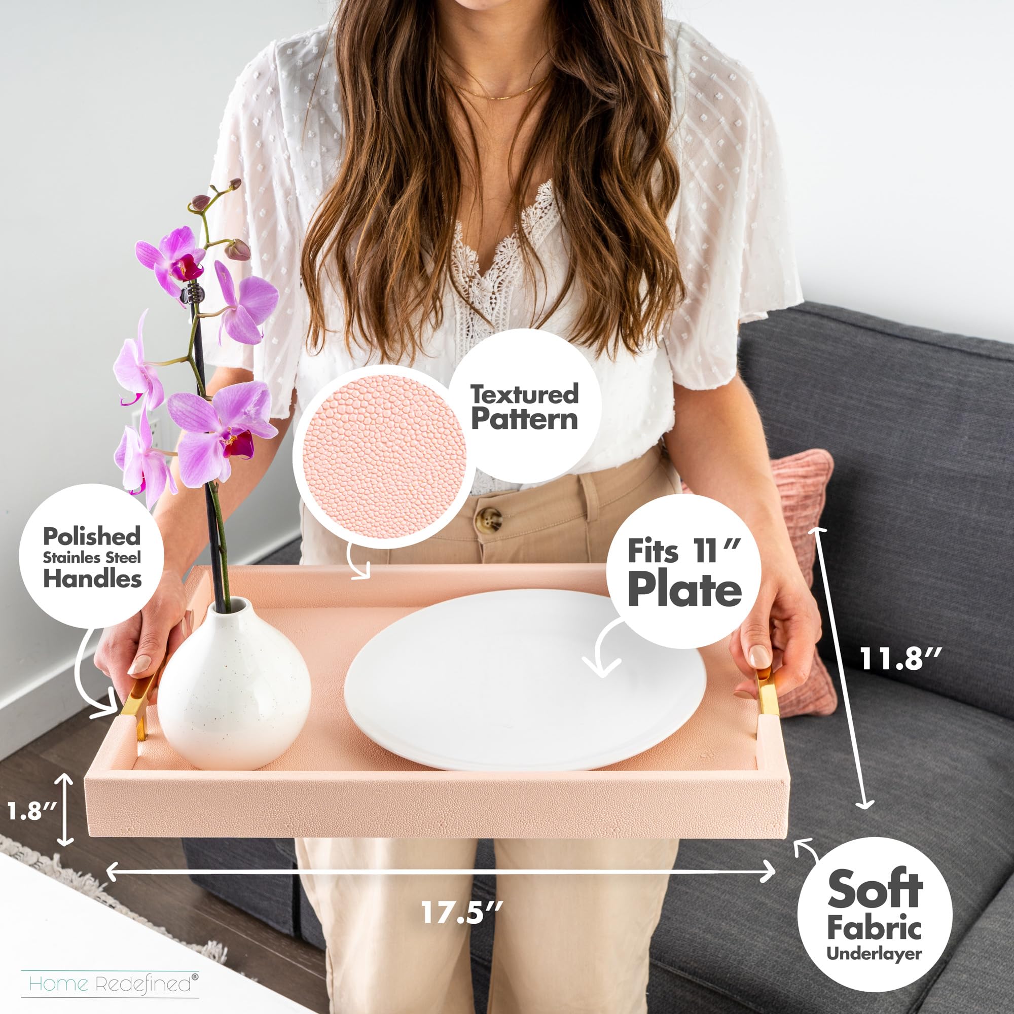 Home Redefined pink tray on an ottoman, showing versatile serving surface