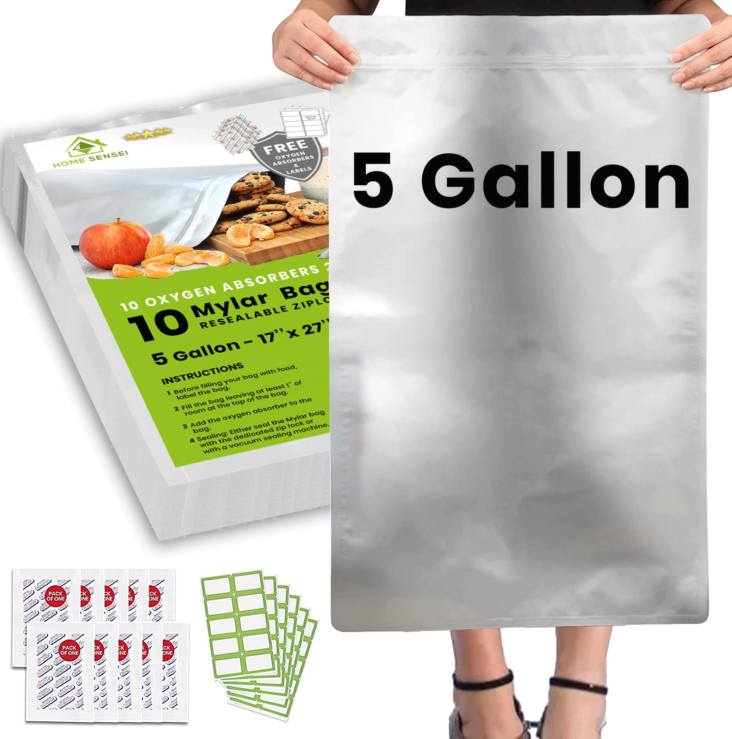 Home Sensei 10-pack 5-gallon Mylar bags ready for bulk pantry storage.