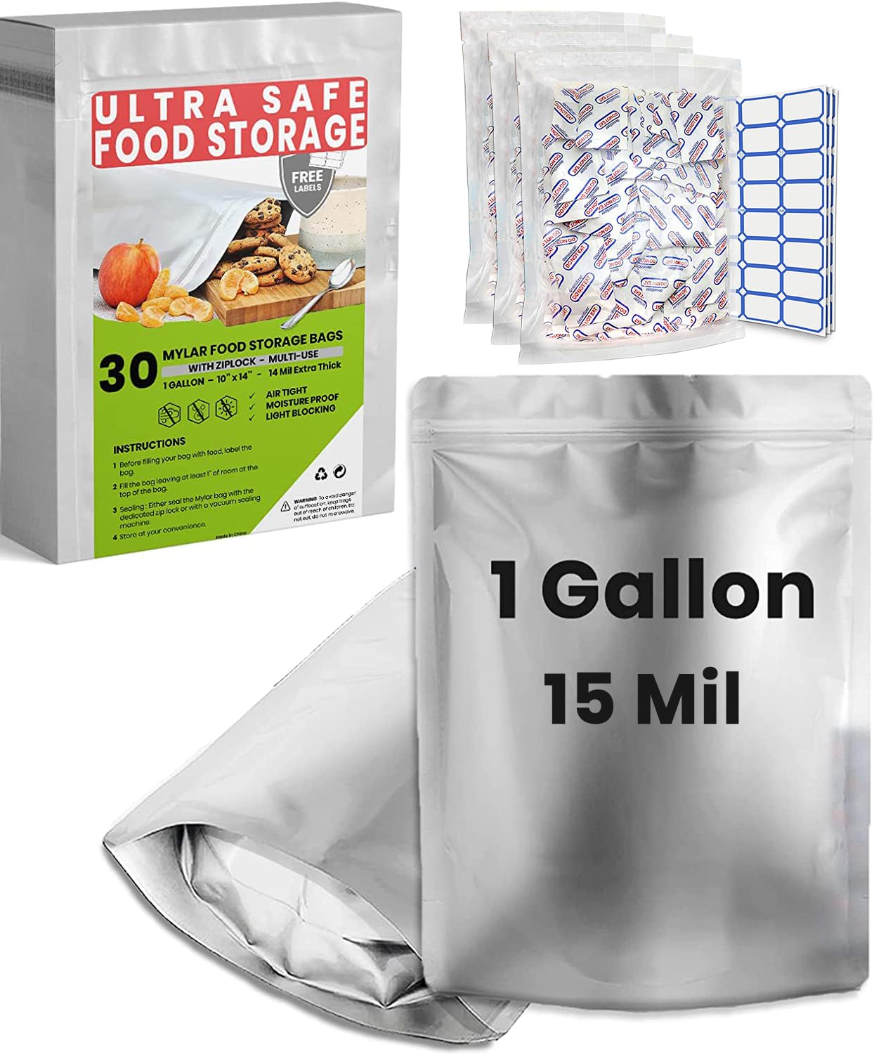 Home Sensei 1gal Mylar bags with 400cc absorbers for longer food freshness.