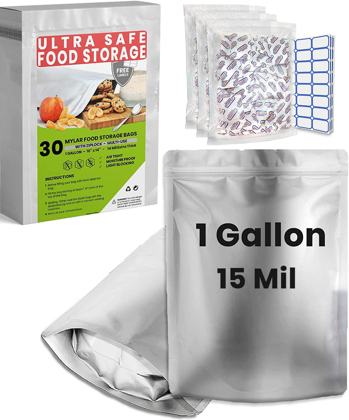 Home Sensei 1gal Mylar bags with 400cc absorbers for longer food freshness.