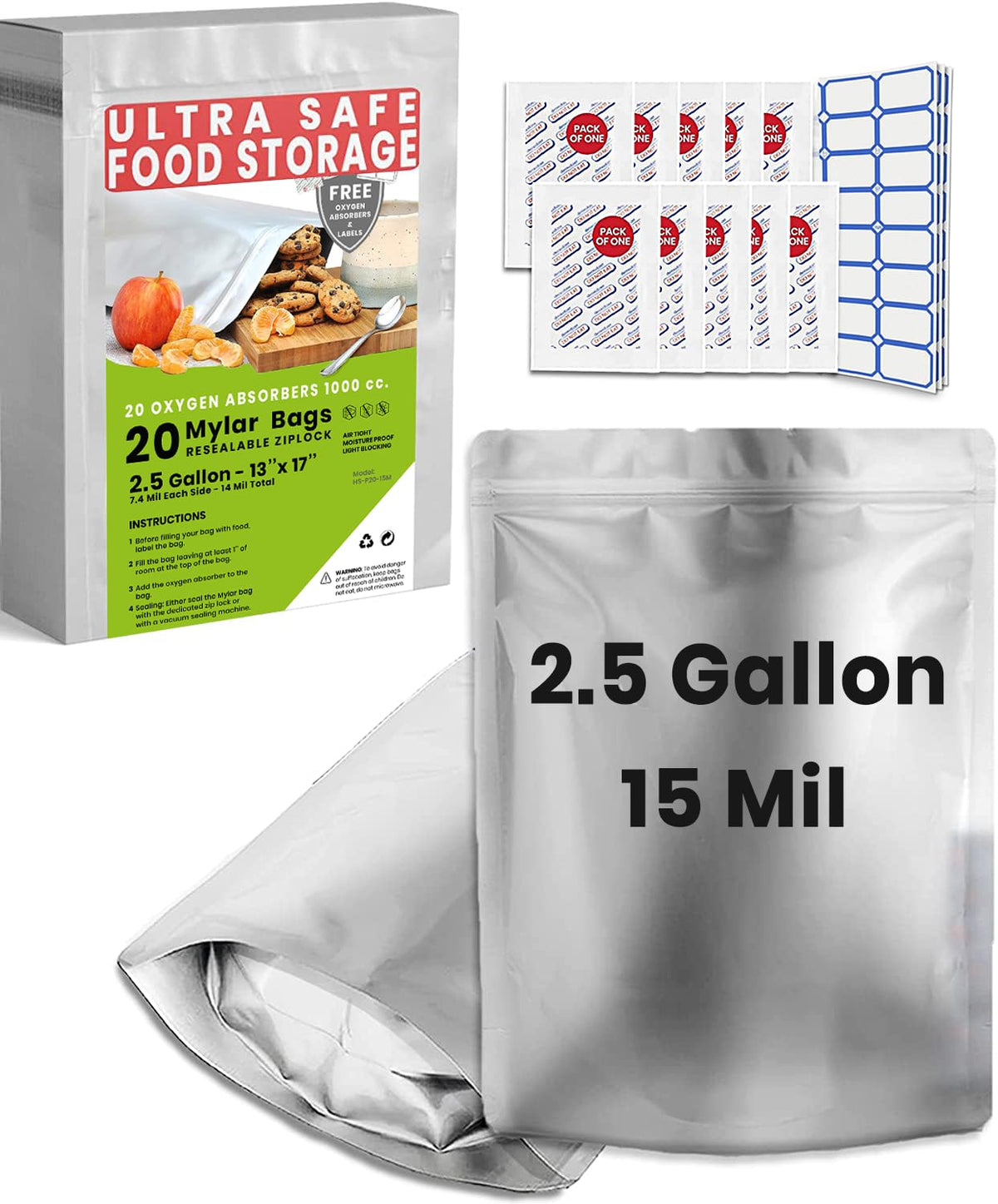Home Sensei 20-pack Mylar bags showing pack content for long-term storage