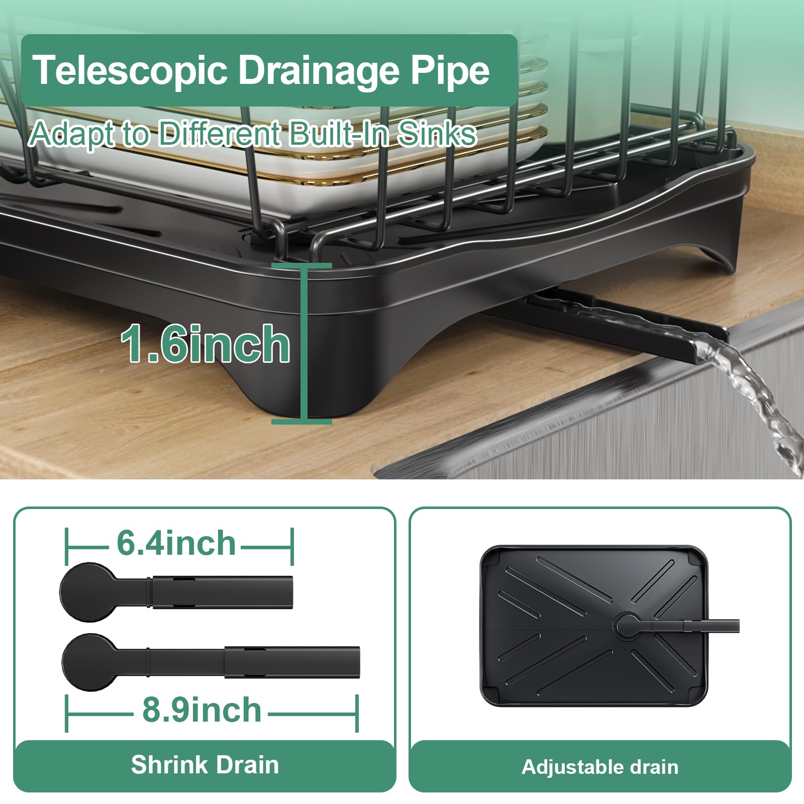 HOMEAILIE central drain with adjustable nozzle directs water into the sink.