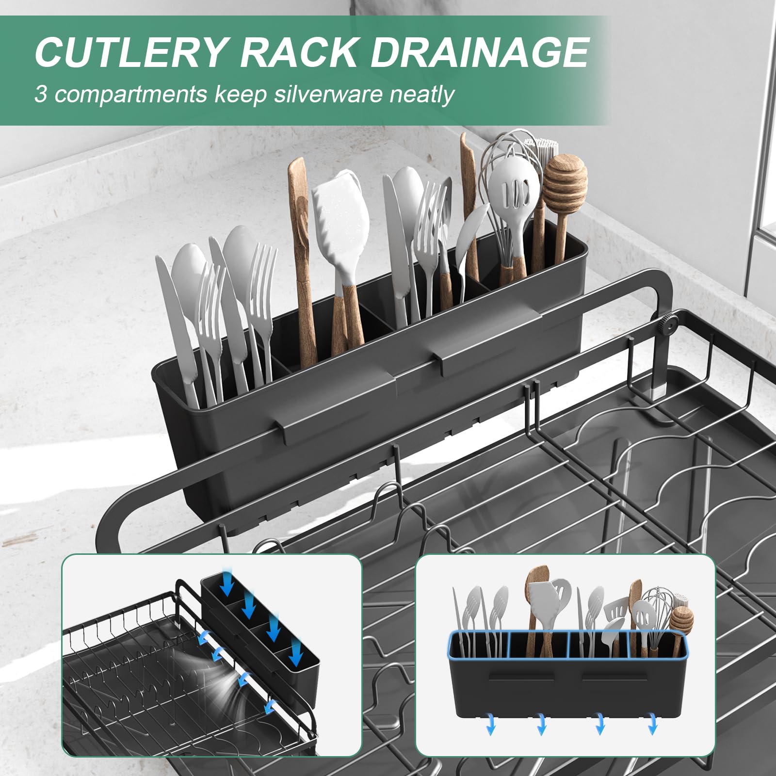 HOMEAILIE dish drying rack with cutlery tray for quick utensil drying