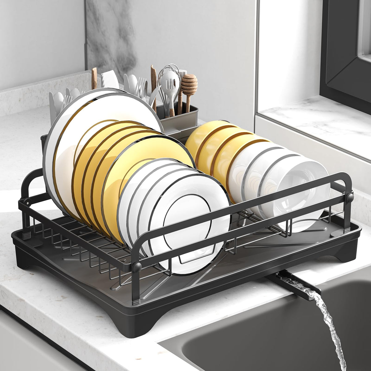 HOMEAILIE dish drying rack on counter showing space-saving design for organized drying