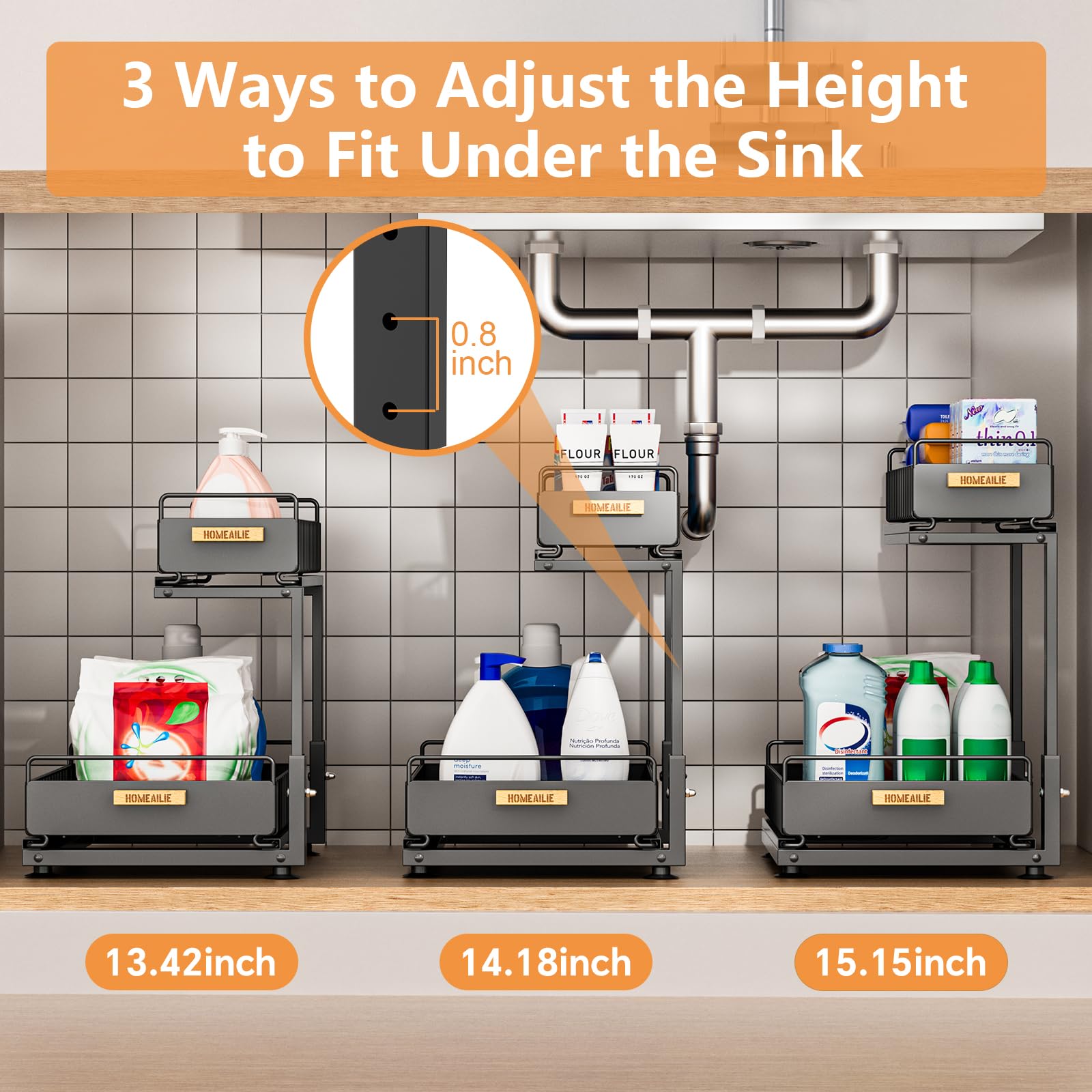 HOMEAILIE under-sink organizer features an L-shaped design that fits corners and pipes.