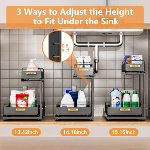 HOMEAILIE under-sink organizer features an L-shaped design that fits corners and pipes.
