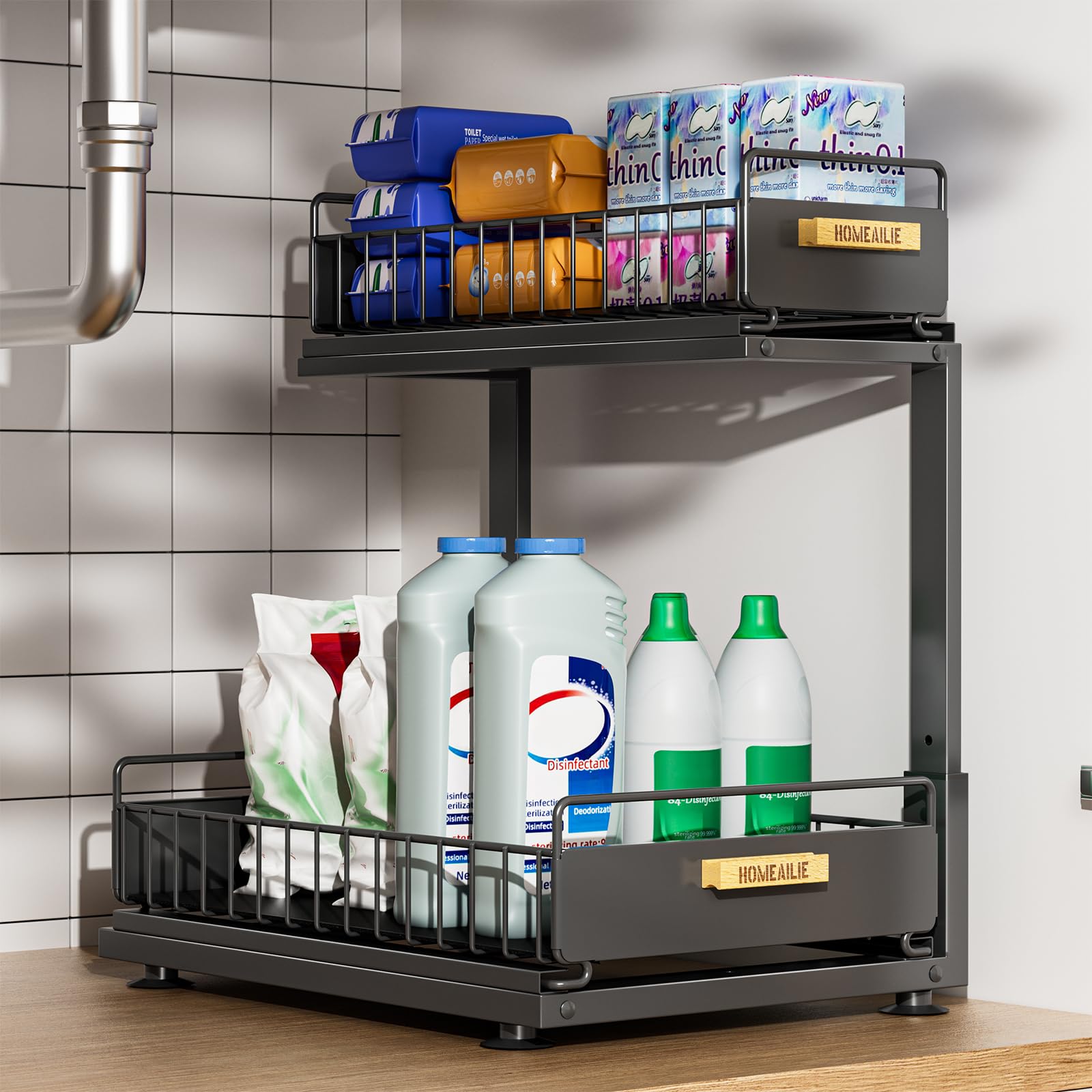 HOMEAILIE under-sink organizer with pull-out double layer for easy access.