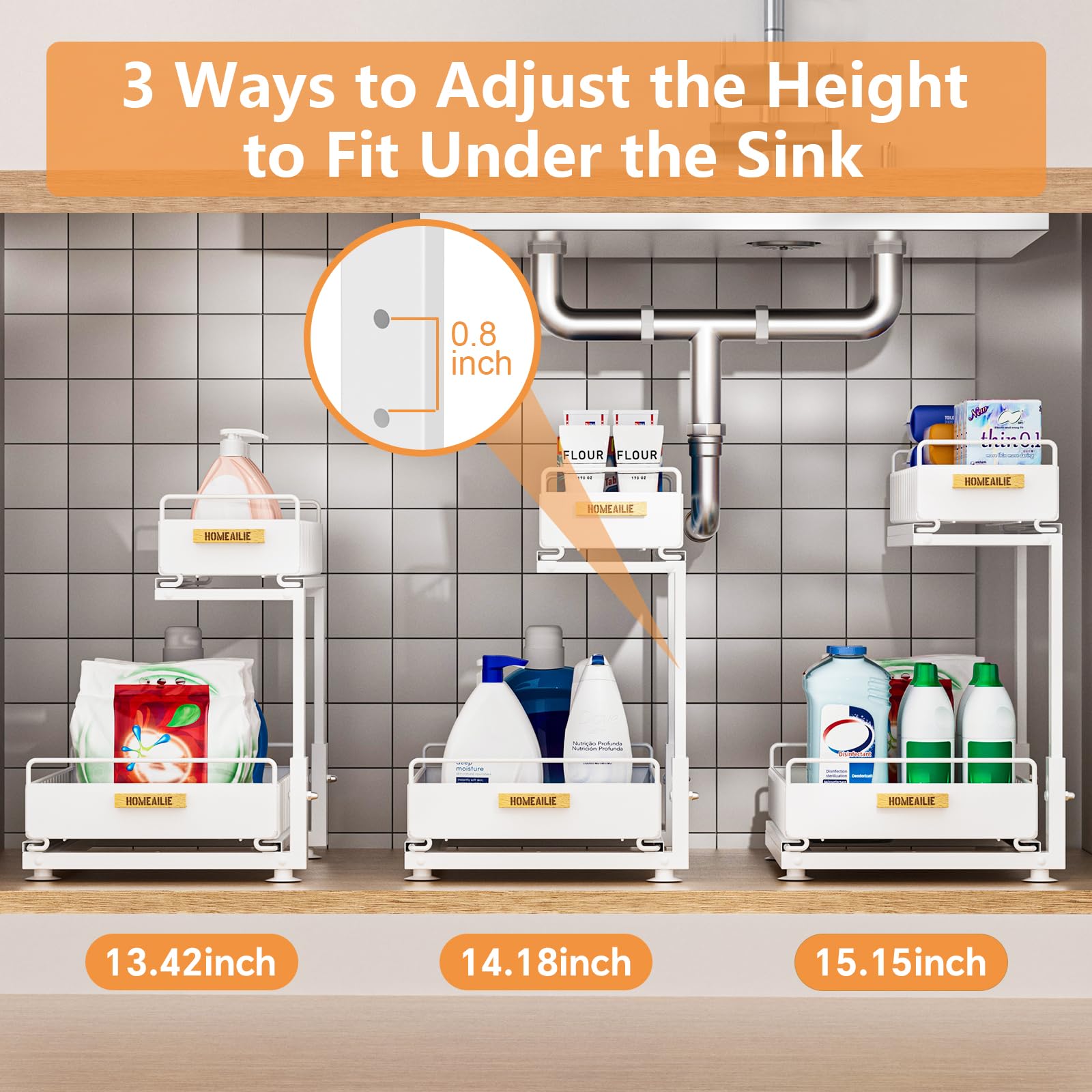 HOMEAILIE under-sink organizer showing sliding shelves for maximum vertical storage.