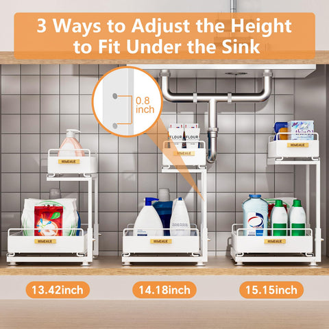 HOMEAILIE under-sink organizer showing sliding shelves for maximum vertical storage.