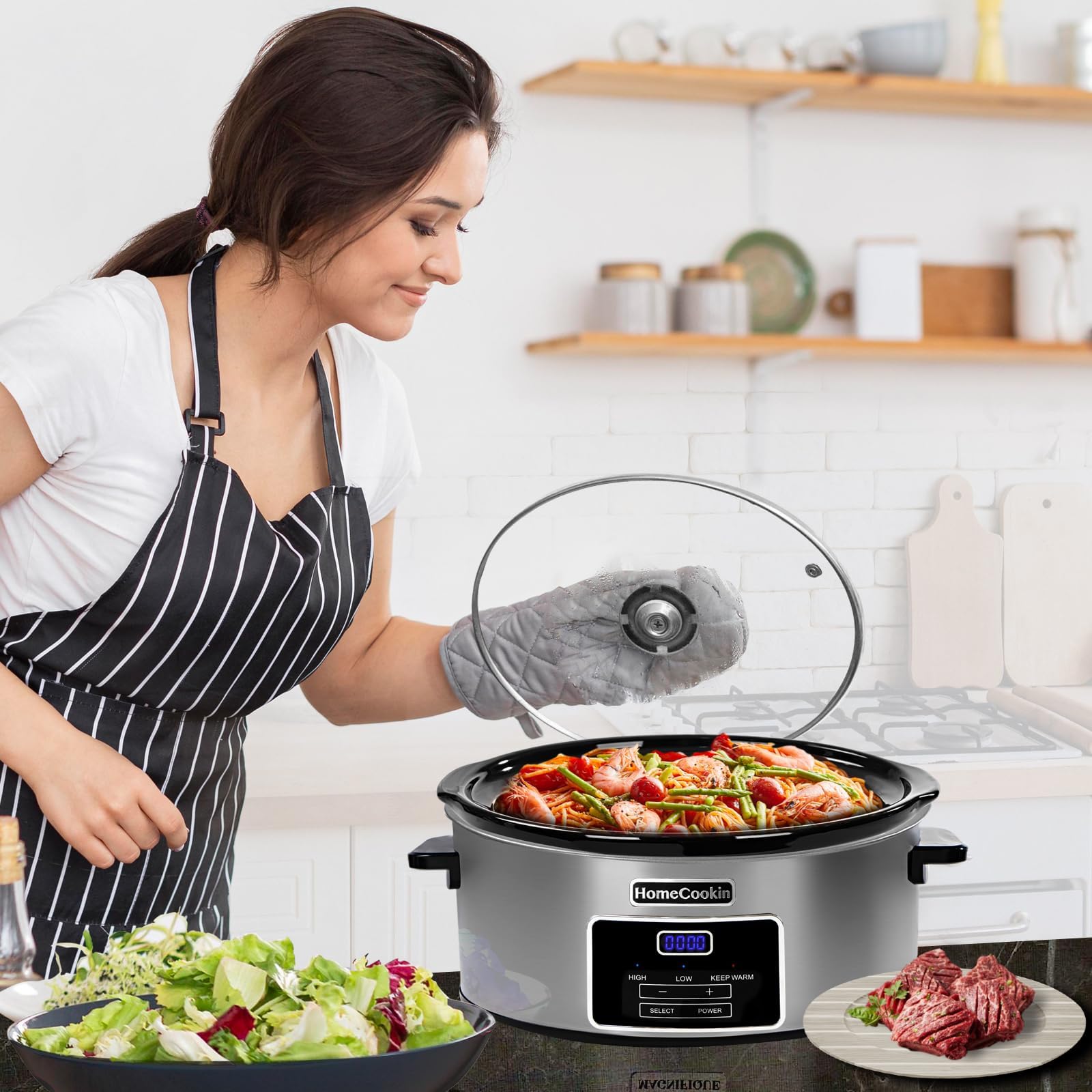 HOMECOOKIN slow cooker in kitchen during a potluck gathering.