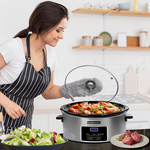 HOMECOOKIN slow cooker in kitchen during a potluck gathering.