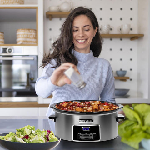 HOMECOOKIN 8-Quart slow cooker timer display with program settings.