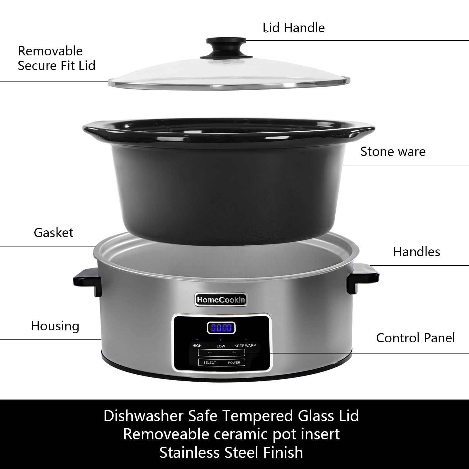 HOMECOOKIN slow cooker glass lid and controls close-up for easy use.