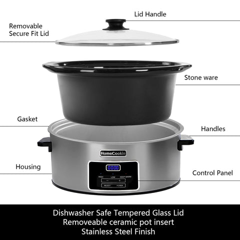 HOMECOOKIN slow cooker glass lid and controls close-up for easy use.