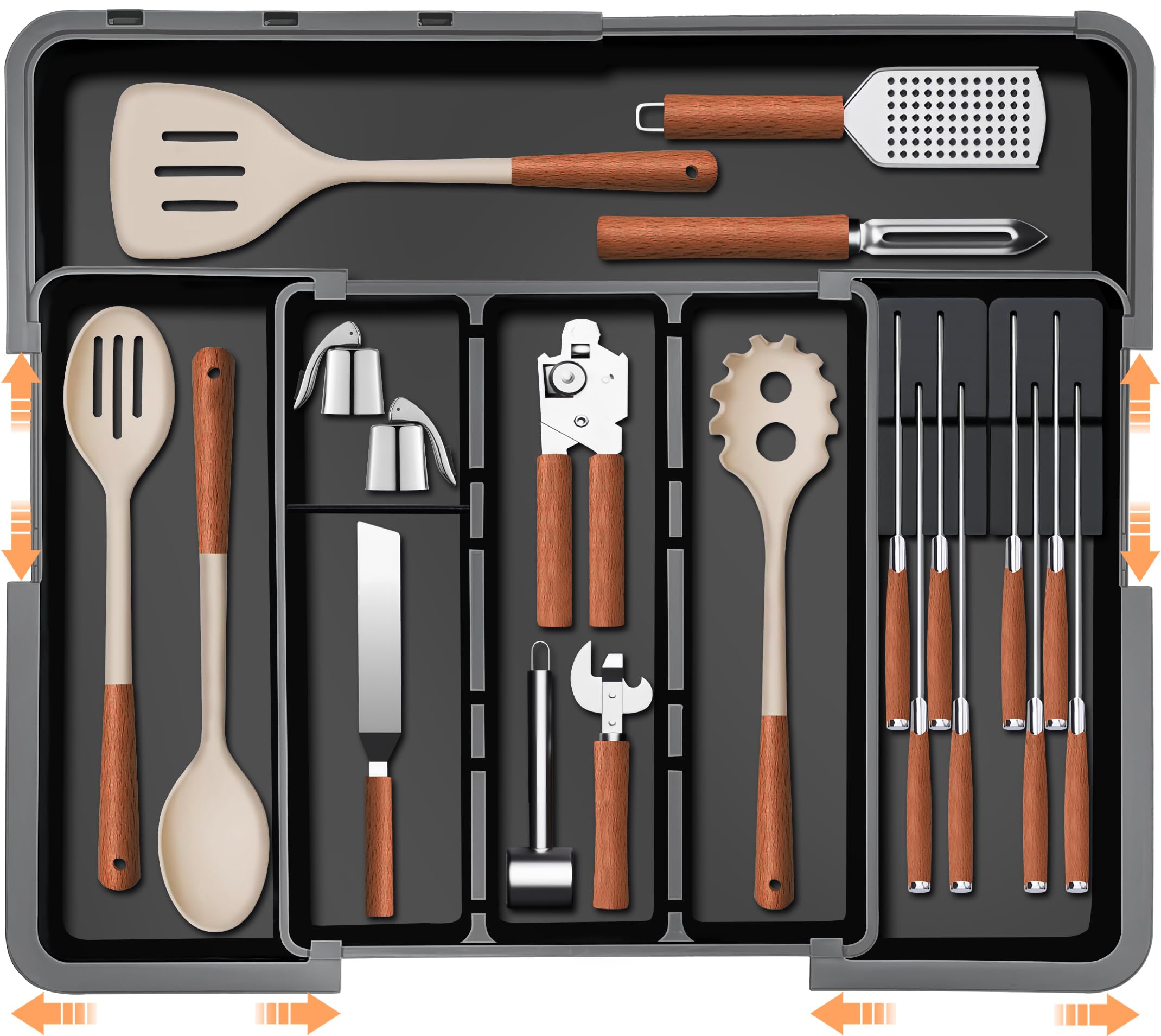 Homecor large expandable silverware organizer left panel keeps spatulas neatly aligned.