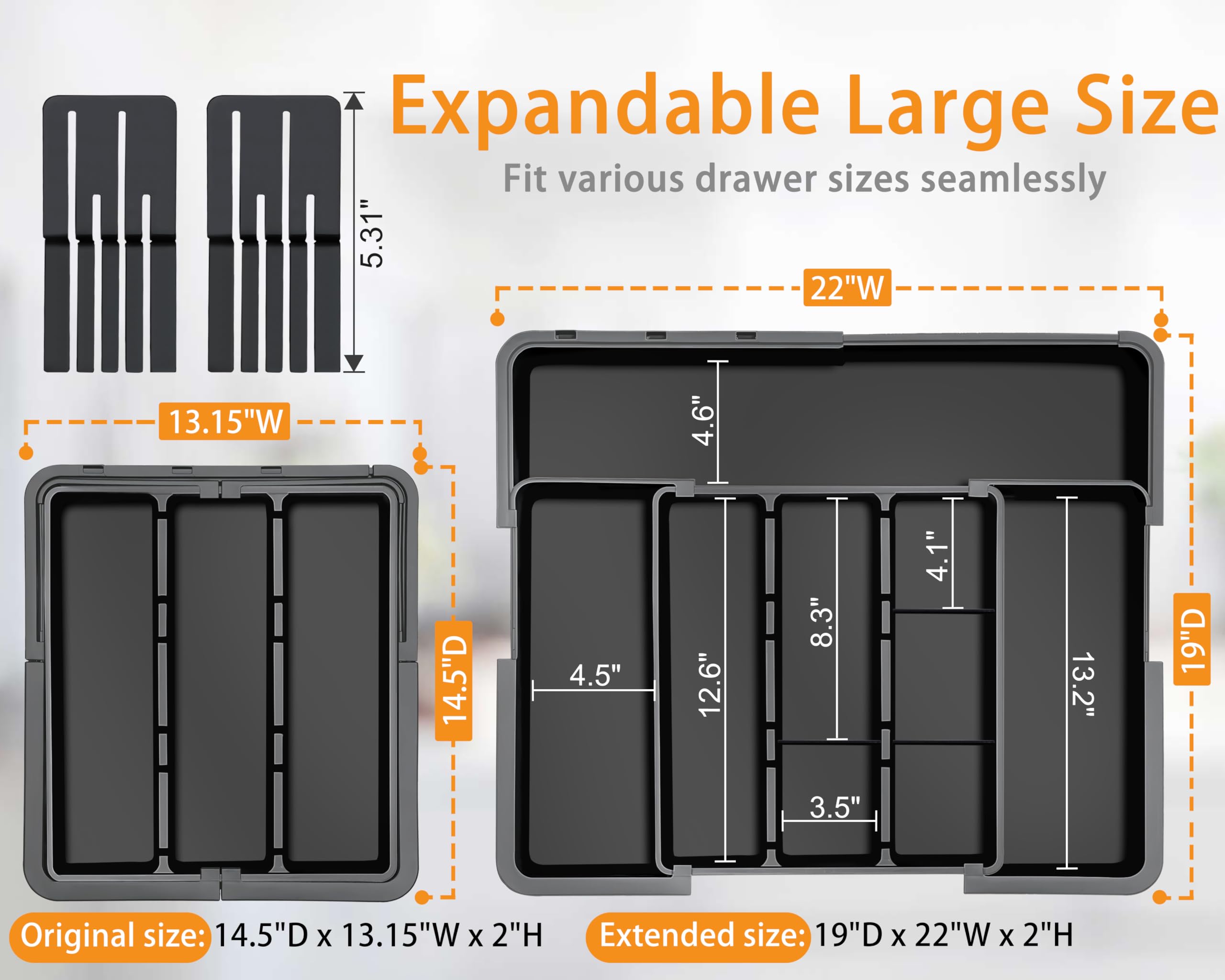 Homecor large expandable silverware organizer right panel maximizes drawer space for ladles and tongs.