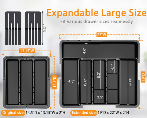 Homecor large expandable silverware organizer right panel maximizes drawer space for ladles and tongs.
