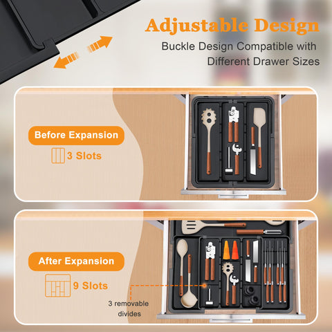 Homecor large expandable silverware organizer top panel adds room for utensils and wine opener.