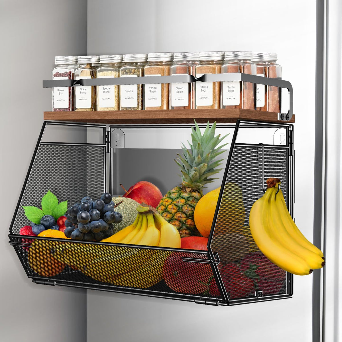 Homecor magnetic shelf on fridge door holds fresh fruit for easy access.