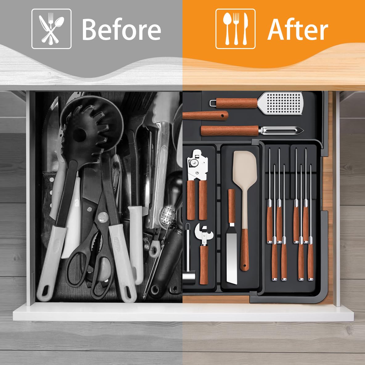 Homecor measures and adjusts to fit your drawer size precisely.