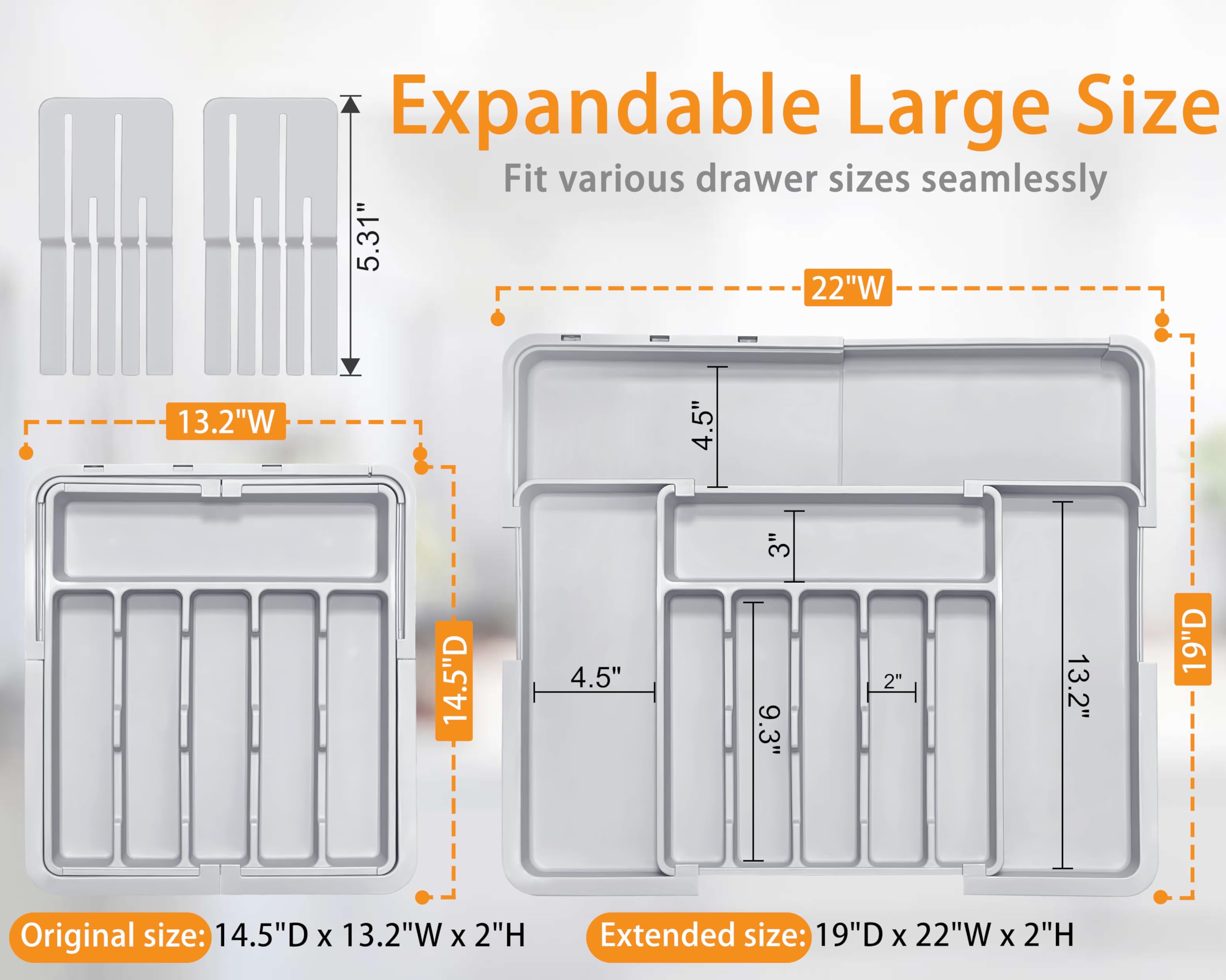 Homecor knife-block inserts shown in expanded drawer for easy access.
