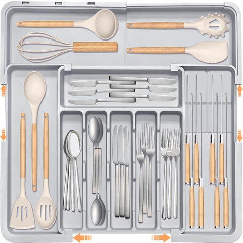 Homecor silverware drawer organizer folded for space-saving drawer fit.
