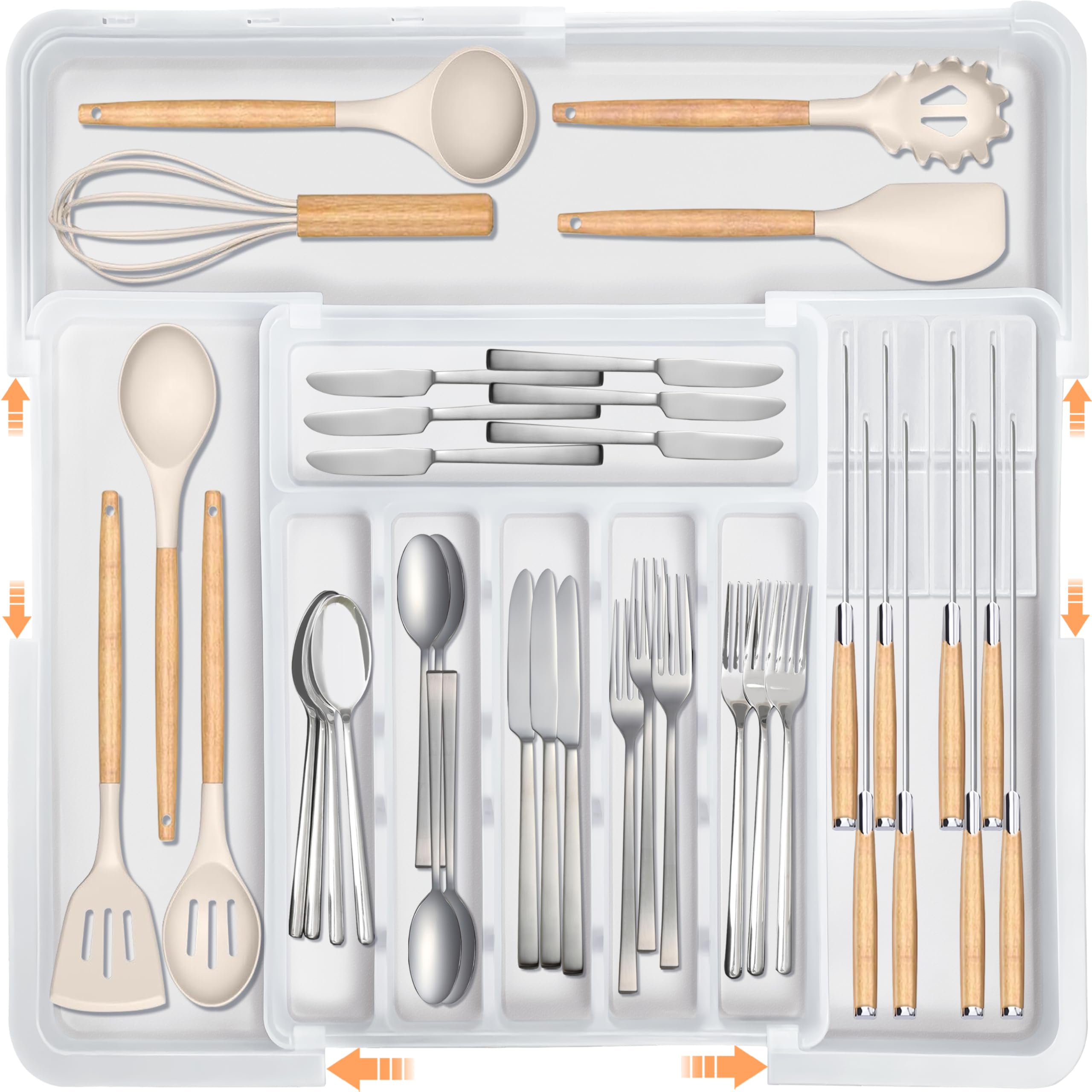 Homecor silverware organizer in full-extend mode fits large drawers with organized utensils.