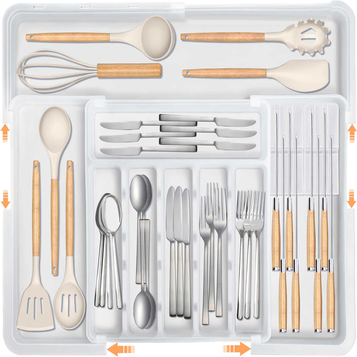 Homecor silverware organizer in full-extend mode fits large drawers with organized utensils.
