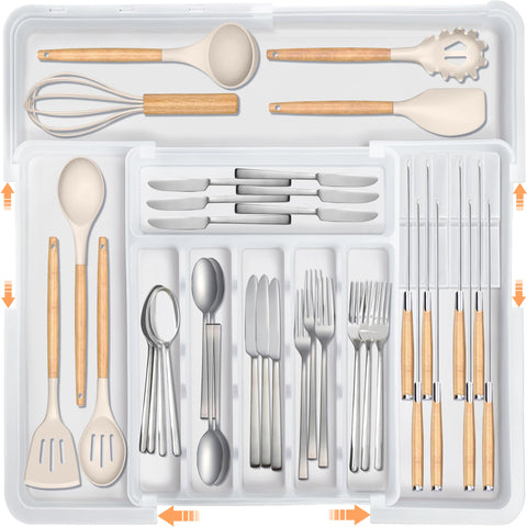 Homecor silverware organizer in full-extend mode fits large drawers with organized utensils.