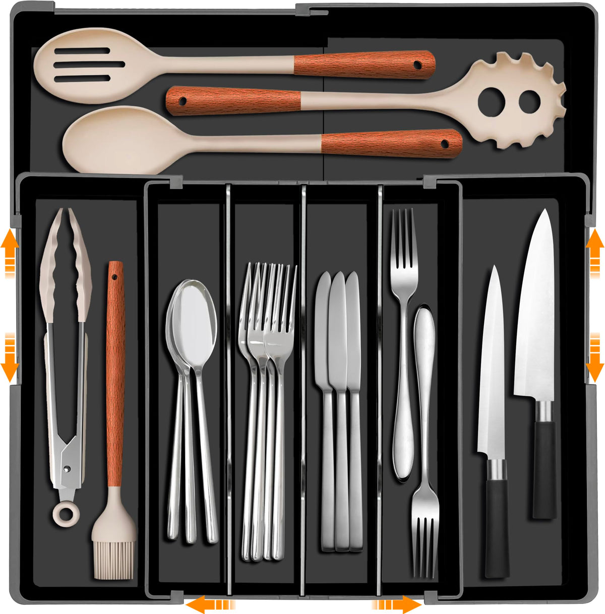 Homecor expandable silverware organizer in a wide drawer for quick access.