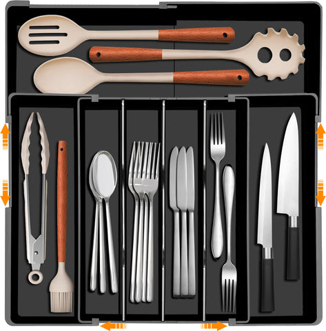Homecor expandable silverware organizer in a wide drawer for quick access.
