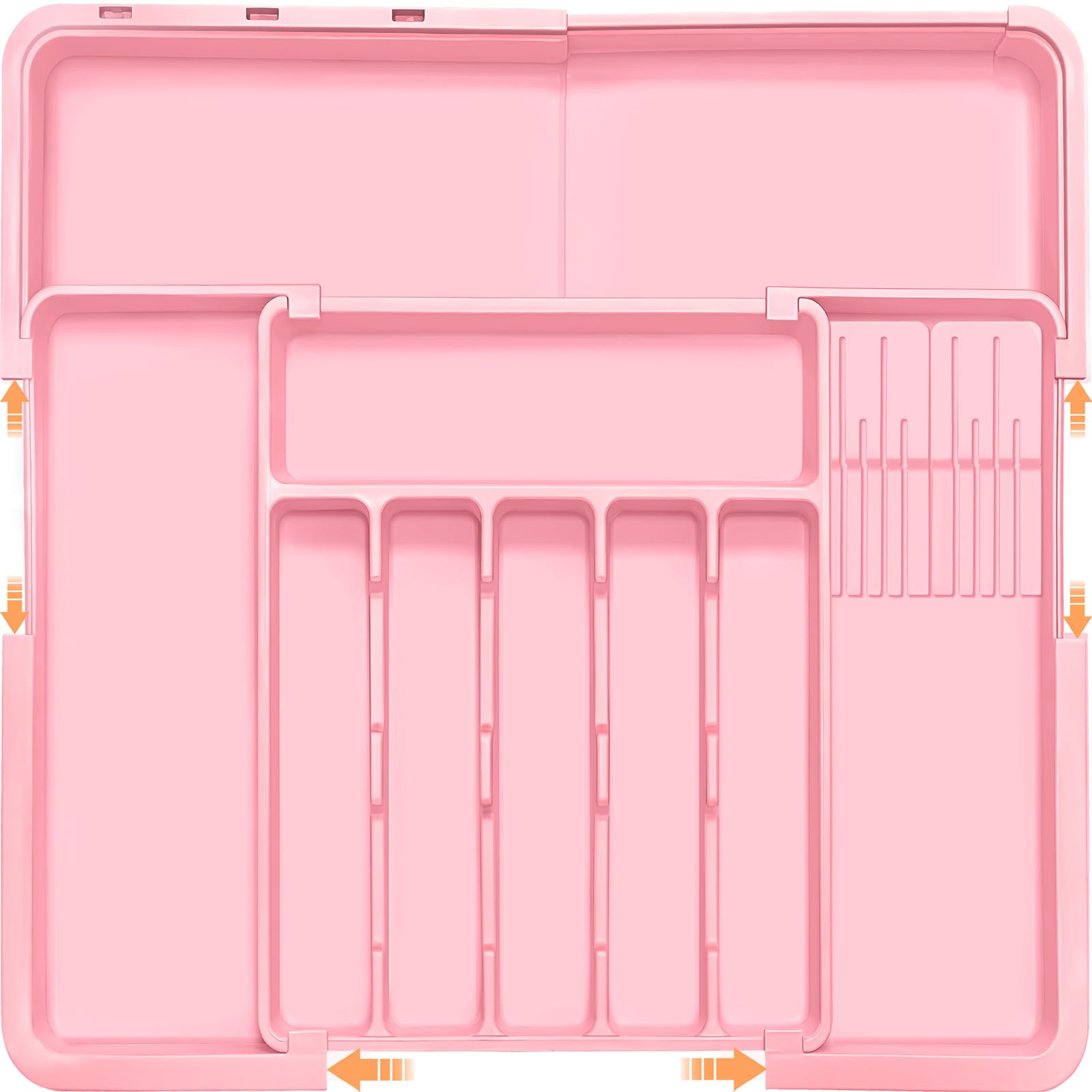 Homecor silverware organizer fully extended in a wide drawer for tidy storage.
