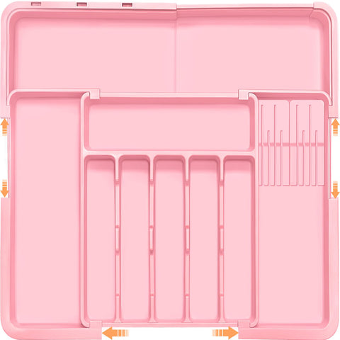 Homecor silverware organizer fully extended in a wide drawer for tidy storage.