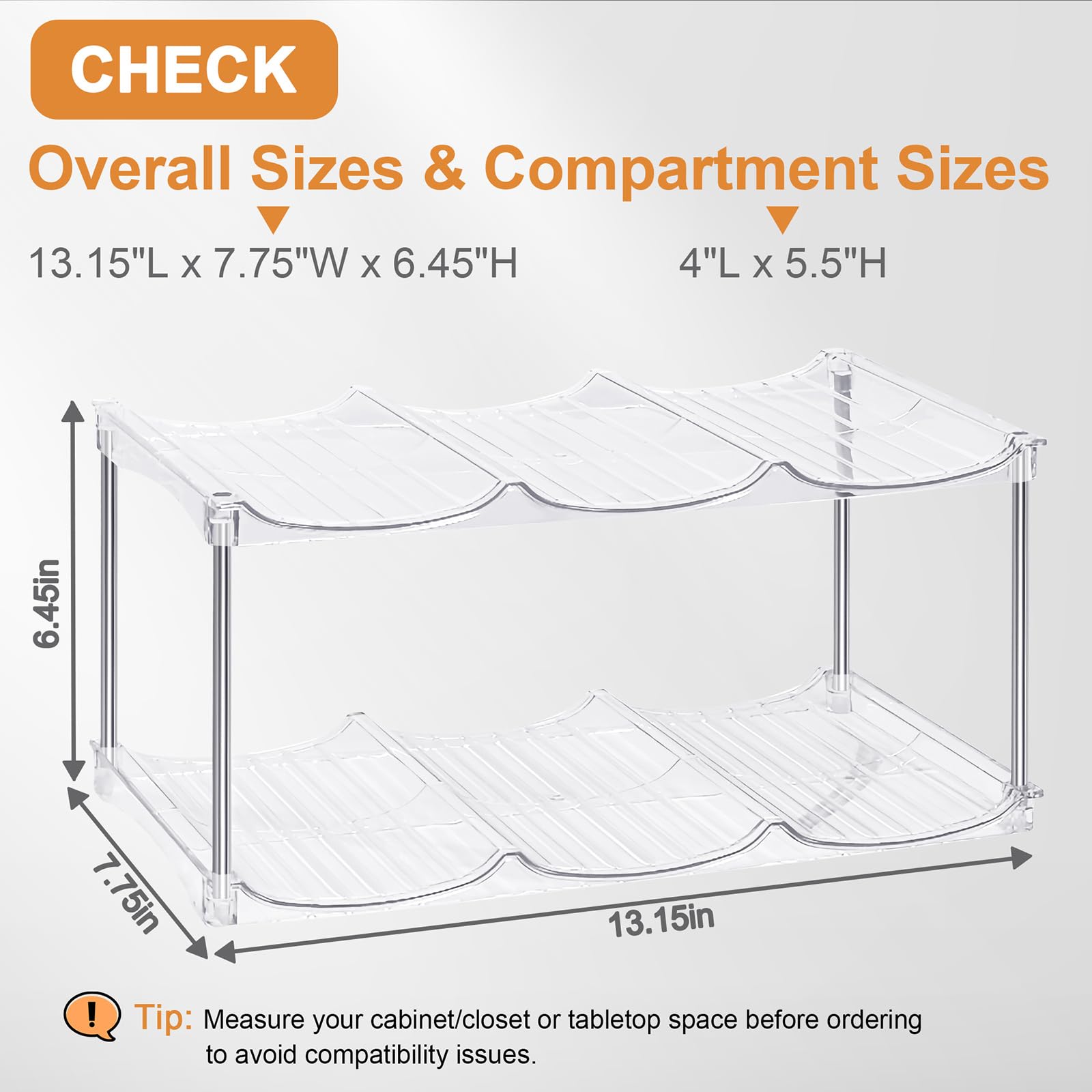 Homecor stackable bottle rack with two layers maximizing vertical cabinet space.